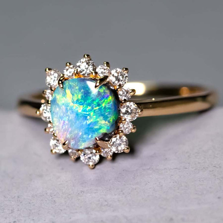 Bright Boulder Opal Halo Diamond Engagement Ring 18K Yellow Gold