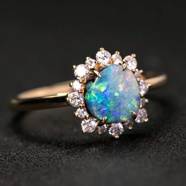 Bright Boulder Opal Halo Diamond Engagement Ring 18K Yellow Gold