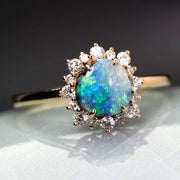 Bright Boulder Opal Halo Diamond Engagement Ring 18K Yellow Gold