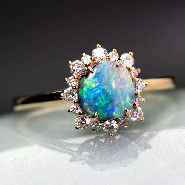 Bright Boulder Opal Halo Diamond Engagement Ring 18K Yellow Gold
