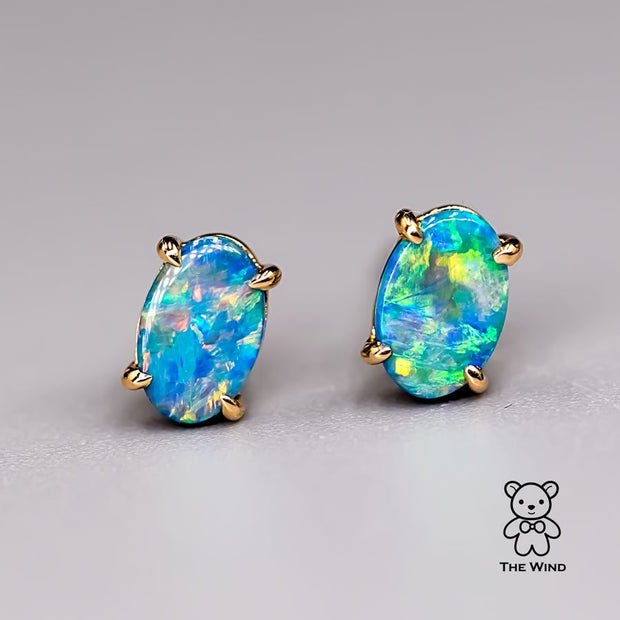 Minimalist Bright Australian Doublet Opal Oval Stud Earrings 14K Yellow Gold