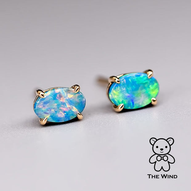 Minimalist Bright Australian Doublet Opal Oval Stud Earrings 14K Yellow Gold