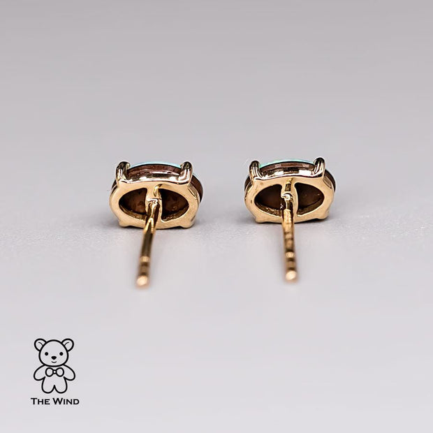 Minimalist Bright Australian Doublet Opal Oval Stud Earrings 14K Yellow Gold