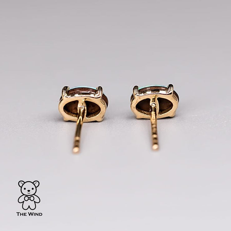 Minimalist Bright Australian Doublet Opal Oval Stud Earrings 14K Yellow Gold