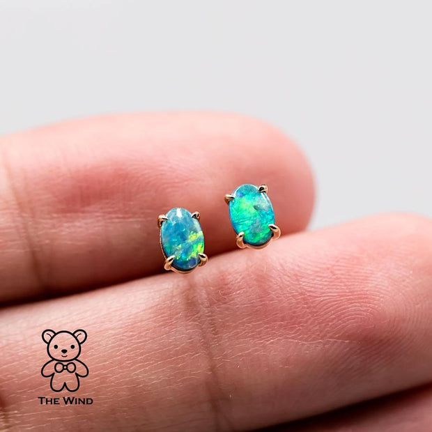 Minimalist Bright Australian Doublet Opal Oval Stud Earrings 14K Yellow Gold