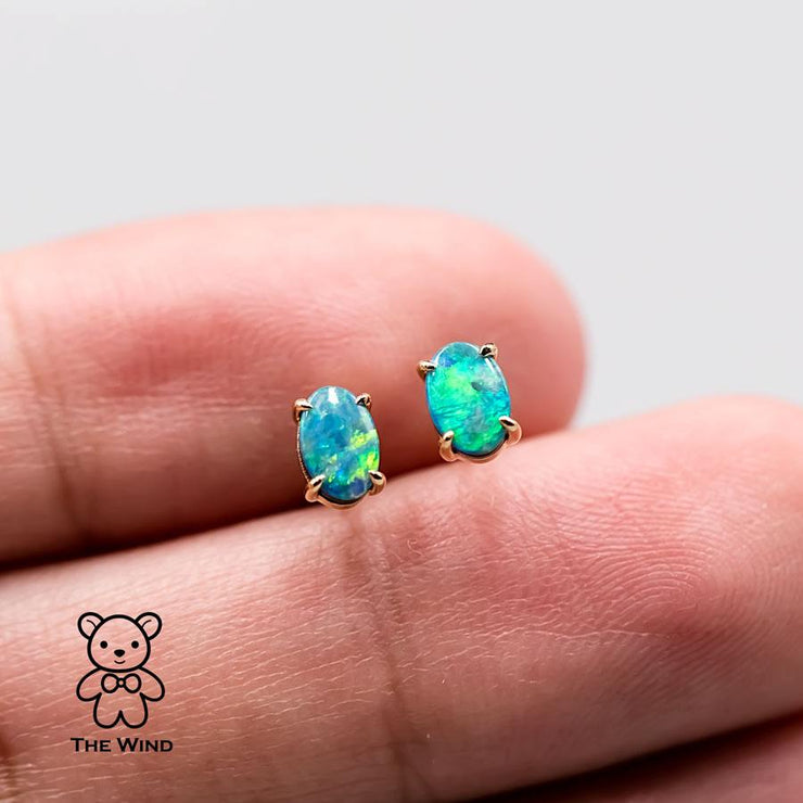 Minimalist Bright Australian Doublet Opal Oval Stud Earrings 14K Yellow Gold