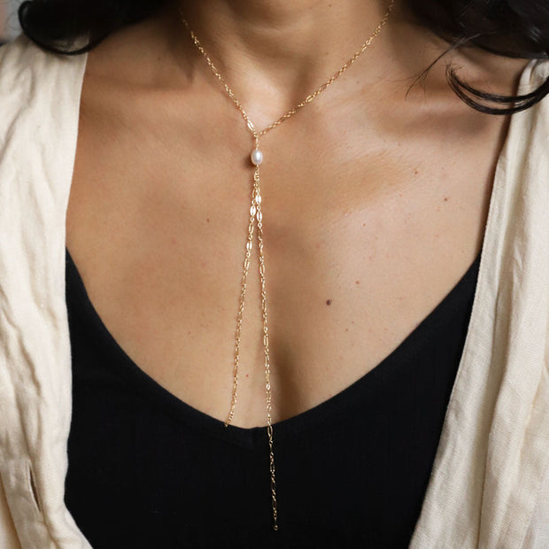 Y Gemstone Necklace - Pearl