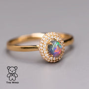 Classic Halo Design Australian Black Opal Diamond Engagement Ring 18K Yellow Gold