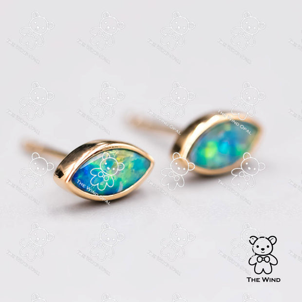 Minimalist Marquise Shaped Australian Doublet Opal Stud Earrings 18K Yellow Gold