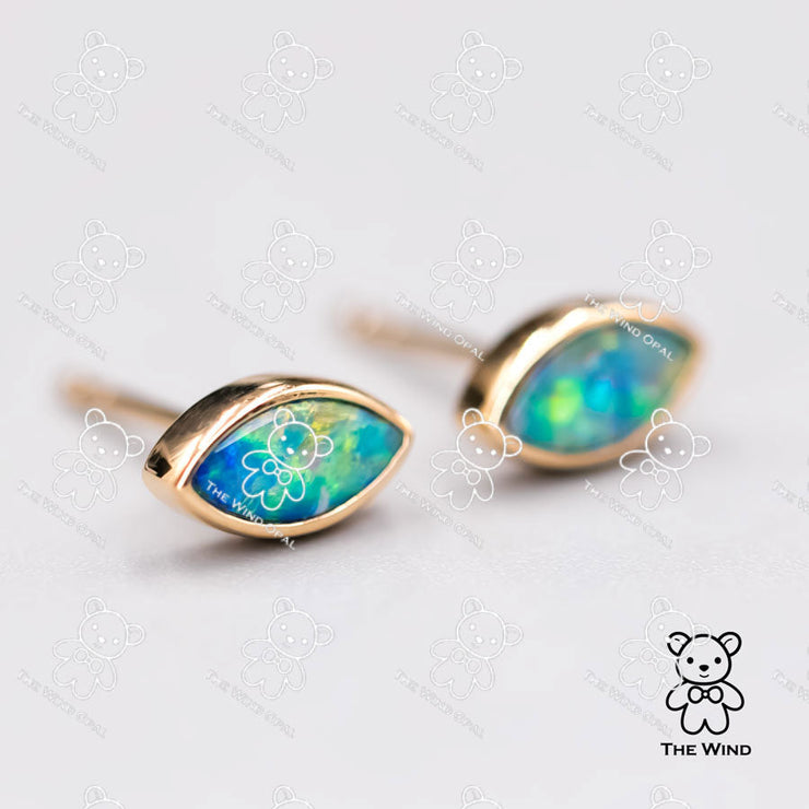 Minimalist Marquise Shaped Australian Doublet Opal Stud Earrings 18K Yellow Gold