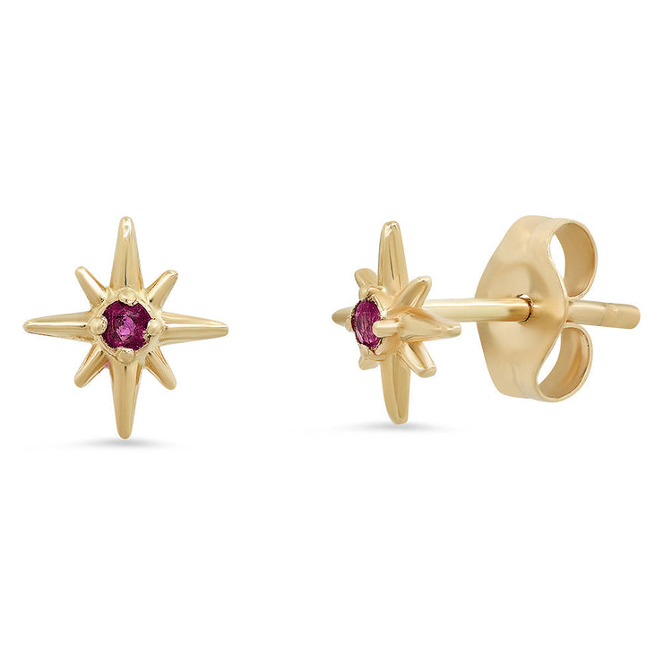 "Celestial" 14K Gold Mini North Star Stud Earrings with Rubies