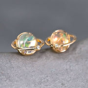 Earth Moon Design Fire Opal & Diamond Stud Earrings 18K Yellow Gold