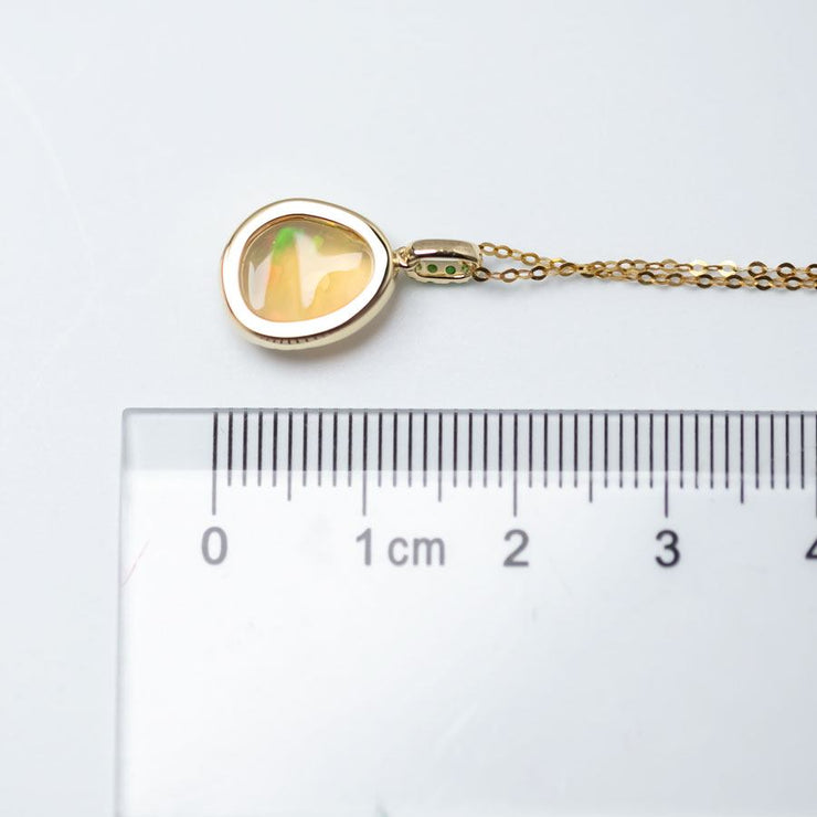 Elegant Fire Opal, Diamond Tsavorite Necklace 18K Yellow Gold