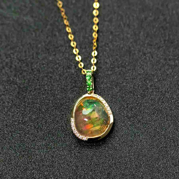 Elegant Fire Opal, Diamond Tsavorite Necklace 18K Yellow Gold