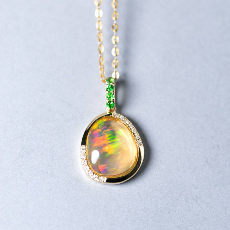 Elegant Fire Opal, Diamond Tsavorite Necklace 18K Yellow Gold