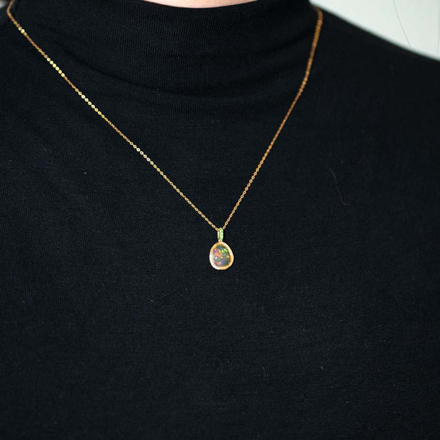 Elegant Fire Opal, Diamond Tsavorite Necklace 18K Yellow Gold