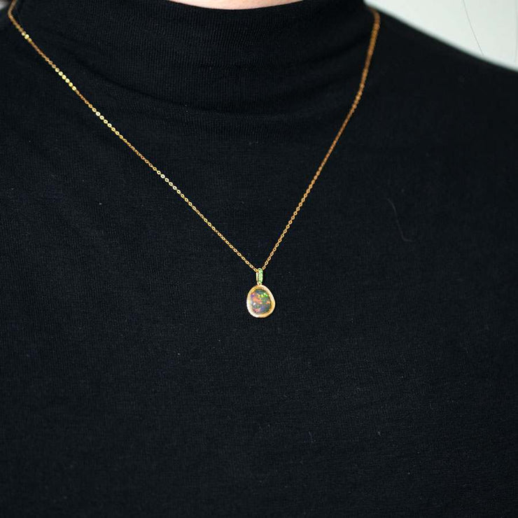 Elegant Fire Opal, Diamond Tsavorite Necklace 18K Yellow Gold