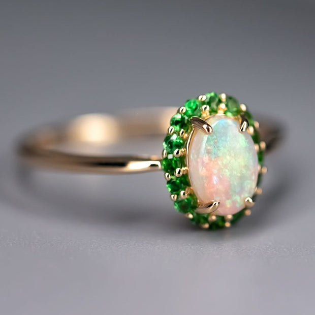 14K Yellow Gold Engagement Ring featuring Australian Opal Halo Tsavorite