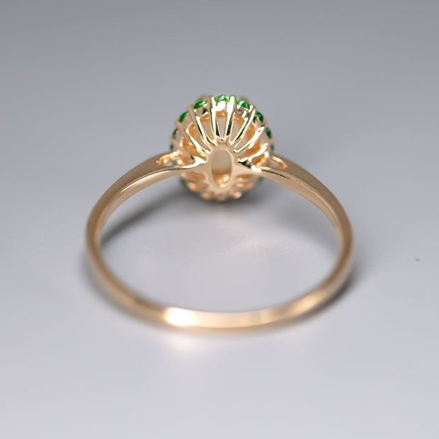 14K Yellow Gold Engagement Ring featuring Australian Opal Halo Tsavorite