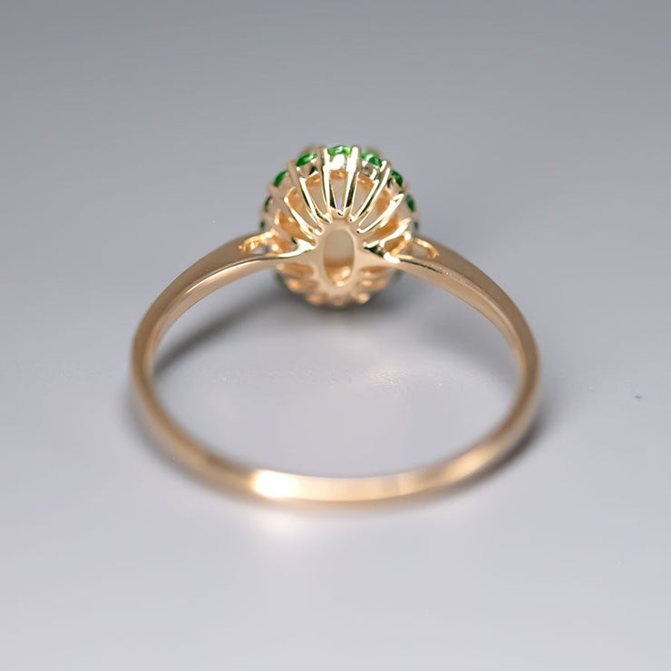 14K Yellow Gold Engagement Ring featuring Australian Opal Halo Tsavorite