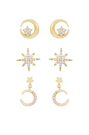 Celestial Stud and Mini Dangle 18k Gold Plated Earring Set of 3