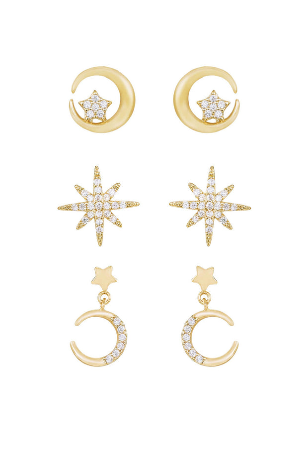 Celestial Stud and Mini Dangle 18k Gold Plated Earring Set of 3