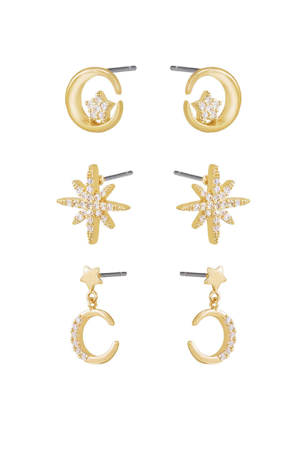 Celestial Stud and Mini Dangle 18k Gold Plated Earring Set of 3