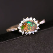 Exquisite Fire Opal Halo Diamond Engagement Ring 18K Yellow Gold