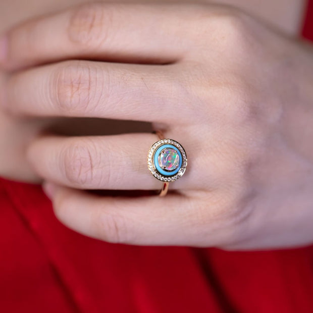 Mexican Fire Opal, Turquoise, Halo Diamond Engagement Ring in 18K Yellow Gold