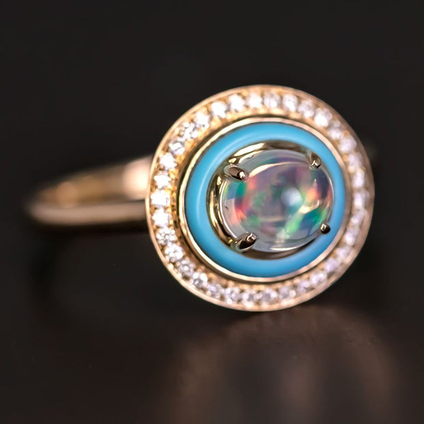 Mexican Fire Opal, Turquoise, Halo Diamond Engagement Ring in 18K Yellow Gold