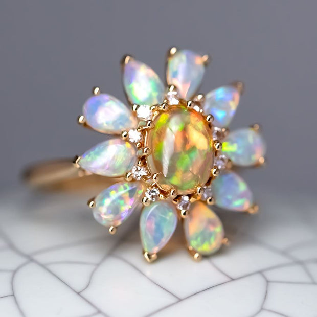 Golden Dahlia – Fire Opal & Australian Opal Floral Diamond Engagement Ring in 18K Yellow Gold