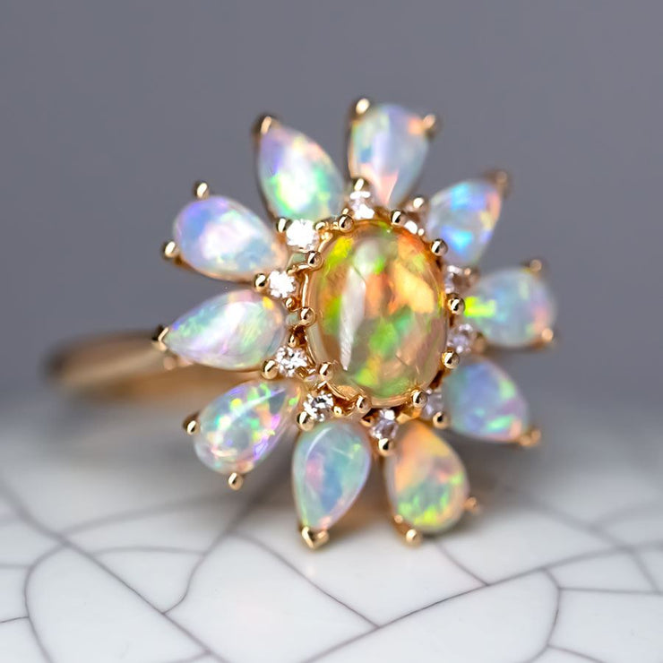 Golden Dahlia – Fire Opal & Australian Opal Floral Diamond Engagement Ring in 18K Yellow Gold