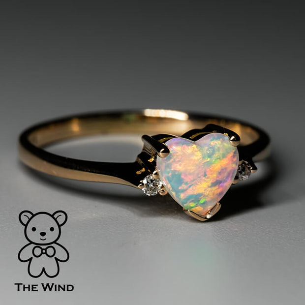 Heart Shaped Solid Opal & Diamond Engagement Ring in 18K Rose Gold