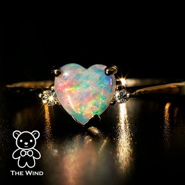 Heart Shaped Solid Opal & Diamond Engagement Ring in 18K Rose Gold
