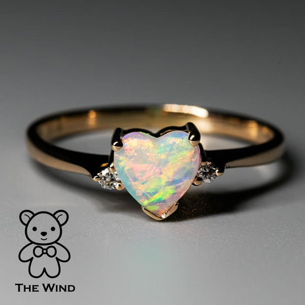 Heart Shaped Solid Opal & Diamond Engagement Ring in 18K Rose Gold