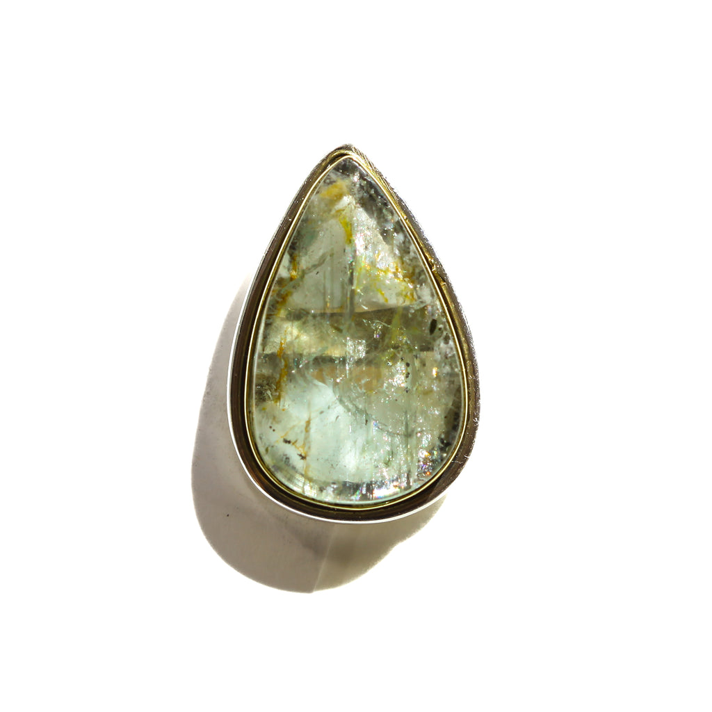 One of a Kind Green Sunstone Ring | Sterling Silver & Gold Brass