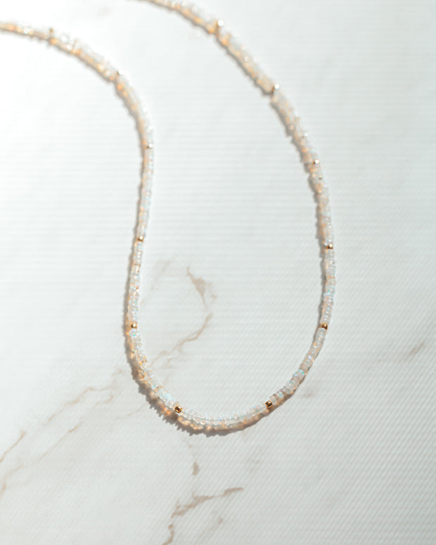 White Fire Opal and Gold Beaded Gemstone Paz Necklace
