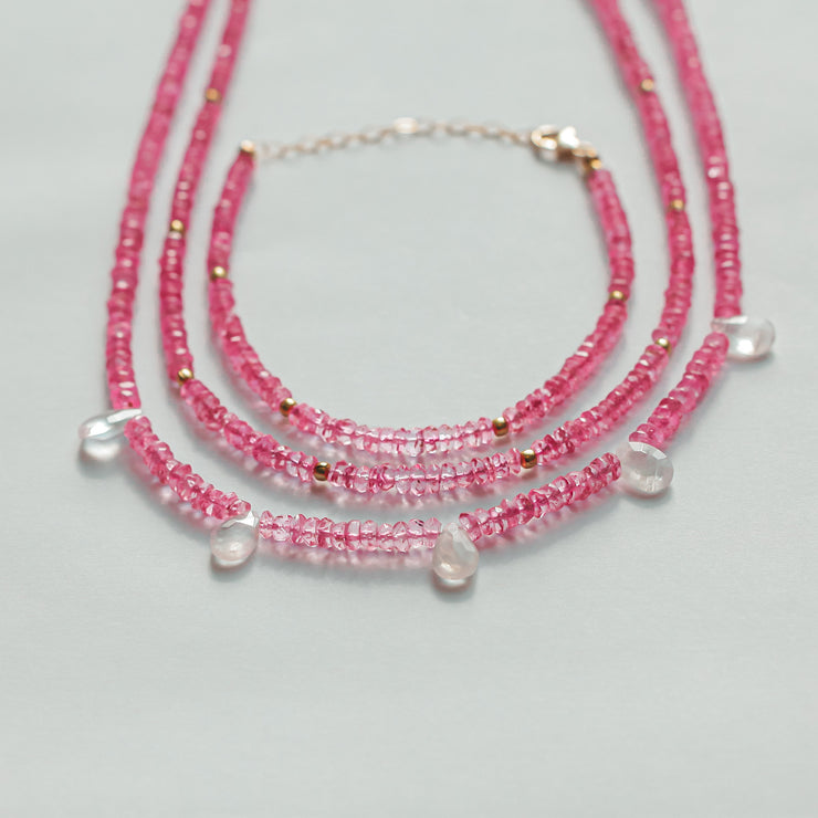 Pink Toumraline Beaded Gemstone Necklace- Moon Cycle