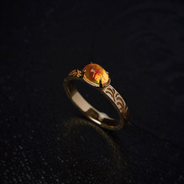 The Golden Age - Ornamental Filigree Fire Opal Engagement Ring 18K Gold