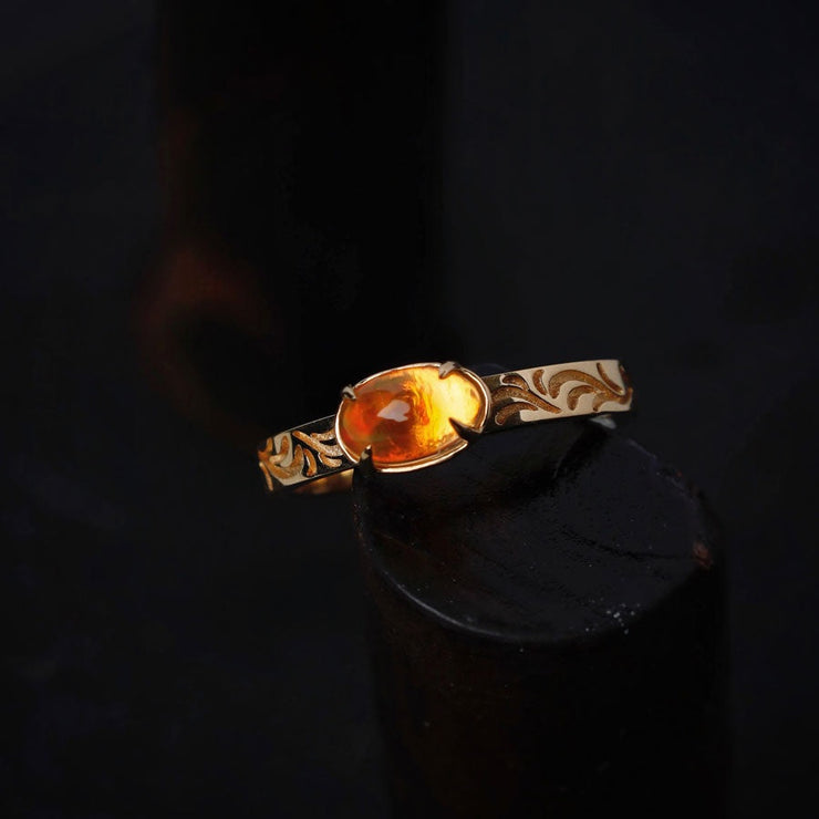 The Golden Age - Ornamental Filigree Fire Opal Engagement Ring 18K Gold