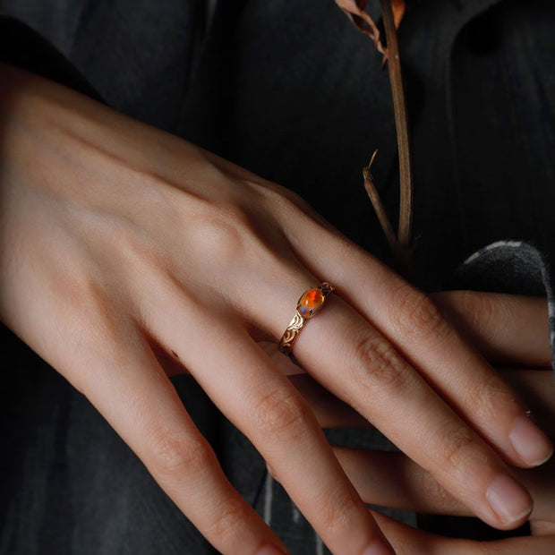 The Golden Age - Ornamental Filigree Fire Opal Engagement Ring 18K Gold