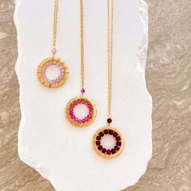 Rose Quartz, Pink Tourmaline and Ruby Quartz Halo Mini Gold Pendants