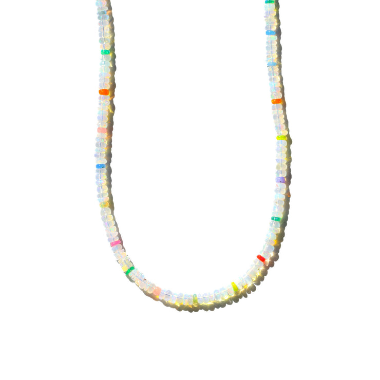 Rainbow Opal Beaded Gemstone Necklace- Bright White