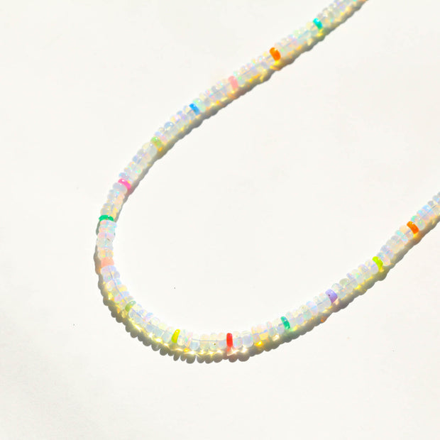 Rainbow Opal Beaded Gemstone Necklace- Bright White