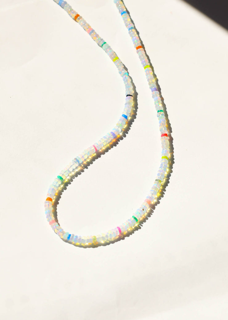 Rainbow Opal Beaded Gemstone Necklace- Bright White