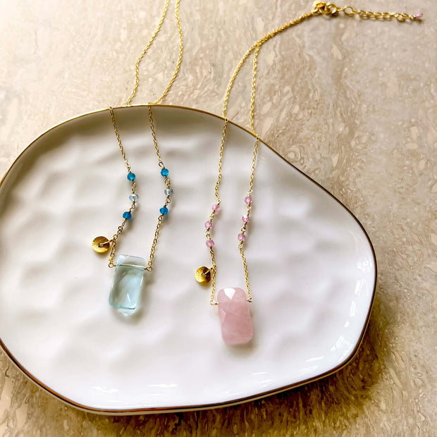 Rose Quartz and Aquamarine Quartz Rock Necklaces
