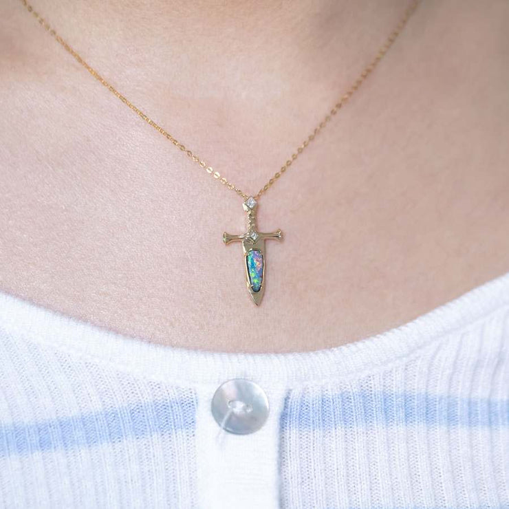 Knight Sword - Boulder Opal & Princess Cut Diamond Necklace 18K Yellow Gold