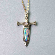 Knight Sword - Boulder Opal & Princess Cut Diamond Necklace 18K Yellow Gold
