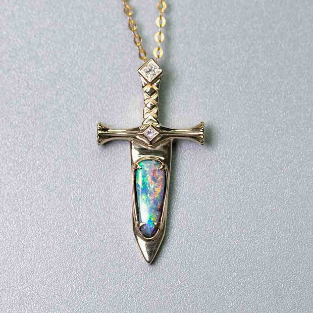 Knight Sword - Boulder Opal & Princess Cut Diamond Necklace 18K Yellow Gold
