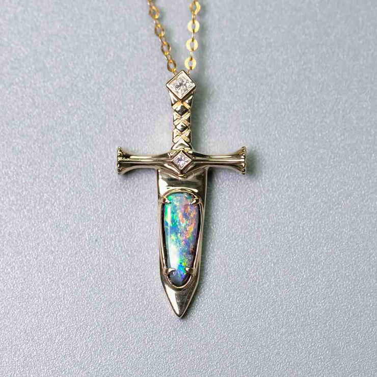 Knight Sword - Boulder Opal & Princess Cut Diamond Necklace 18K Yellow Gold